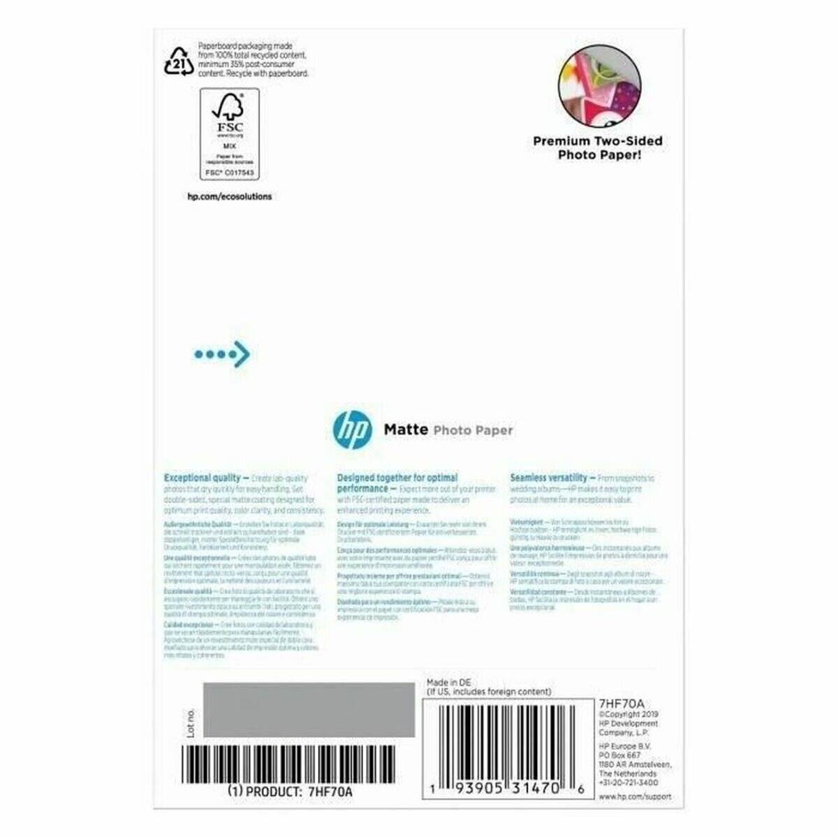 HP Fotopapier 7HF70A 10,0 x 15,0 cm matt 180 g/qm 25 Blatt