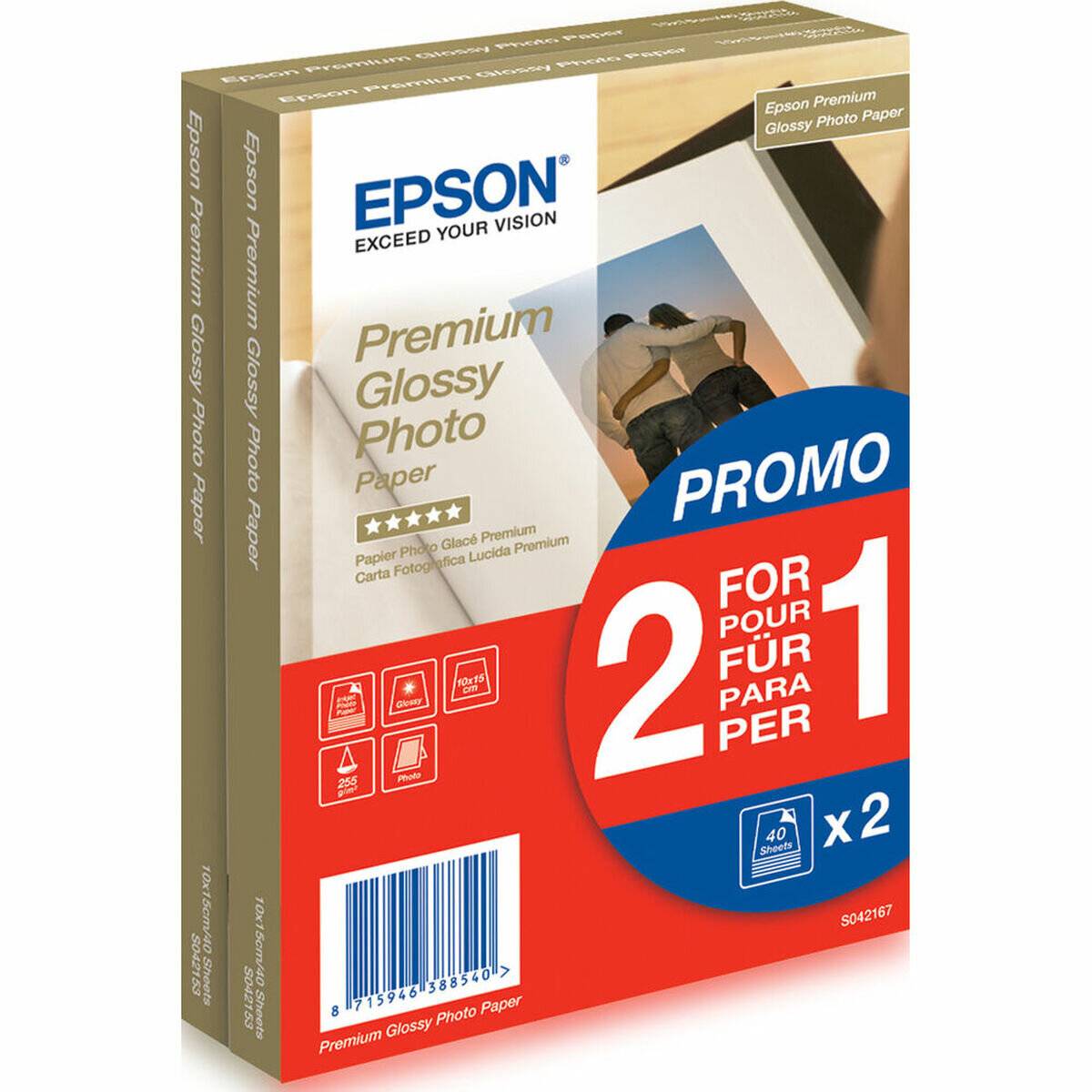 Epson Premium Glanzfoto-Papier Box mit Aktionsetikett „2 für 1" und Paketabbildung auf der Vorderseite.