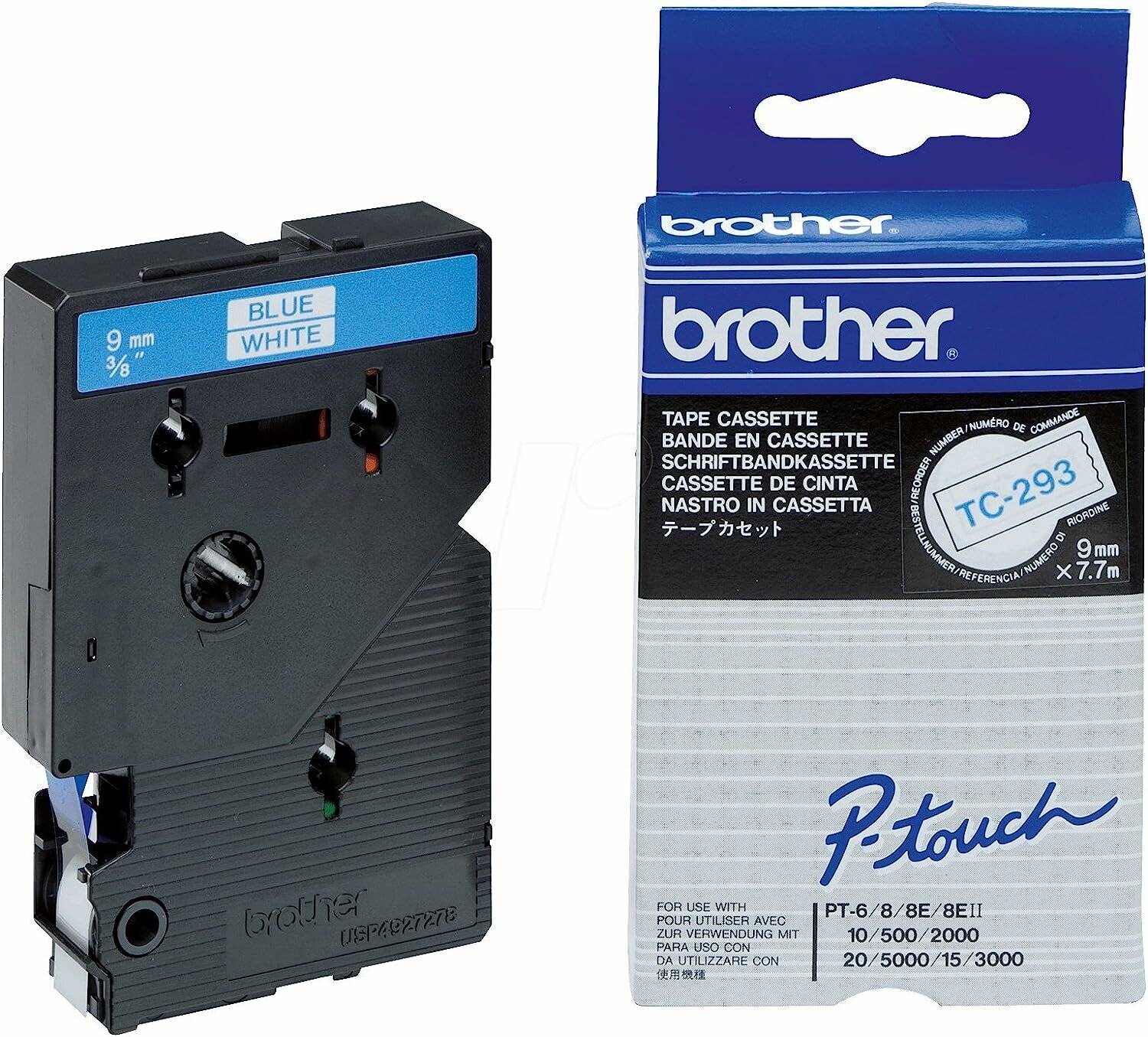 brother Schriftband TC-293 TC293, 9 mm blau auf weiß