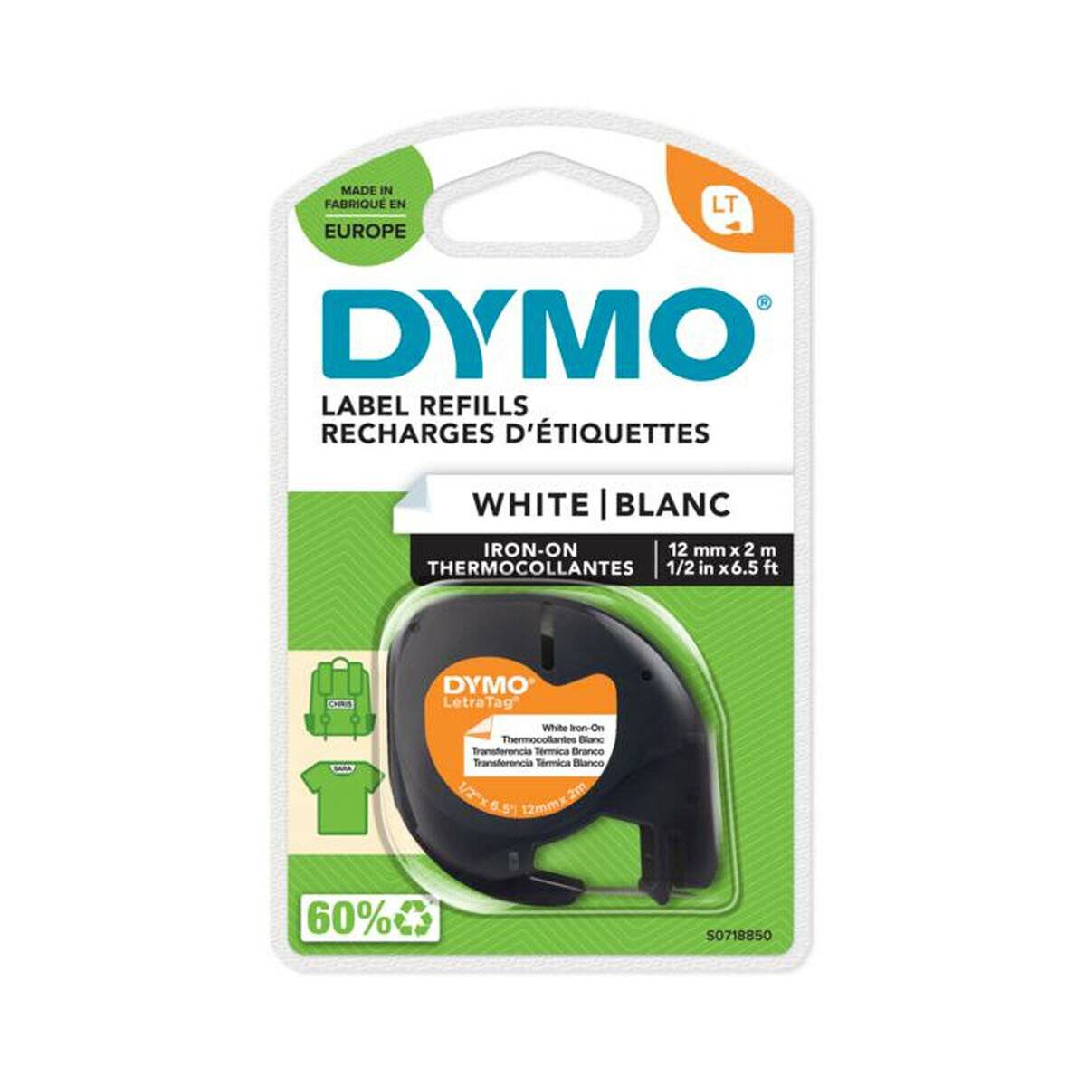 Dymo LetraTag-Band, aufbü gelbar 12mm x 2m schwarz auf weiss