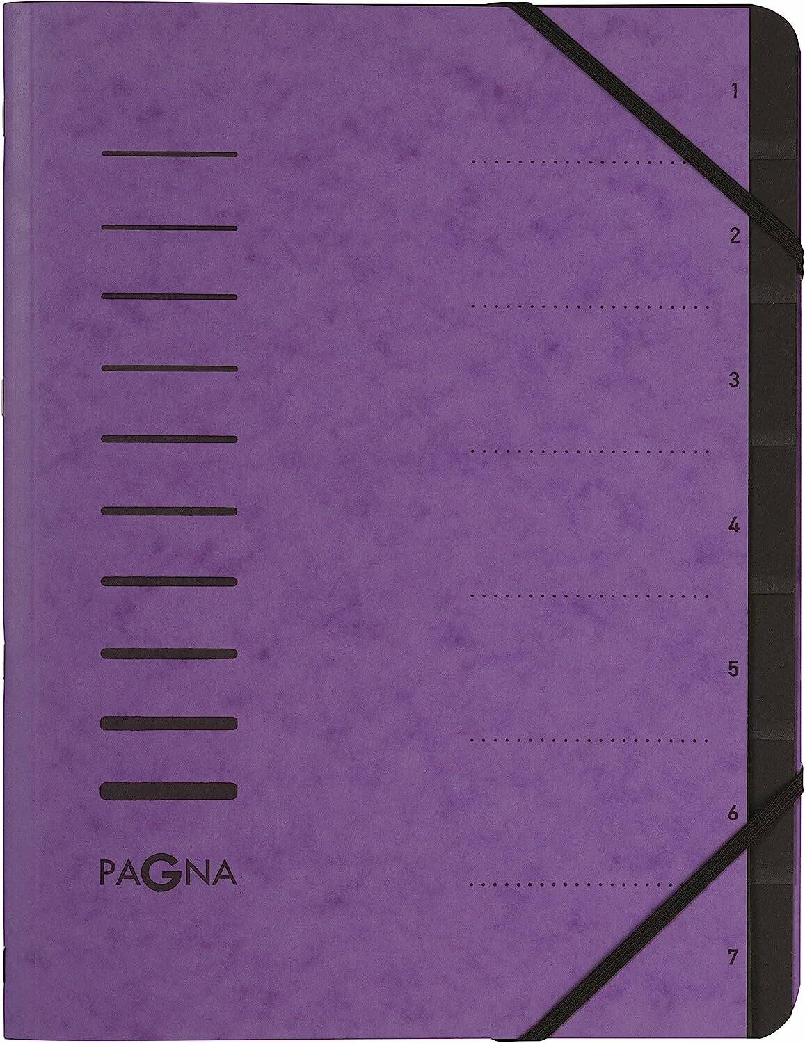 Lila PAGNA-Notizbuchcover mit schwarzen elastischen Bändern und nummerierten gepunkteten Schreibhilfslinien von 1 bis 7 am rechten Rand.