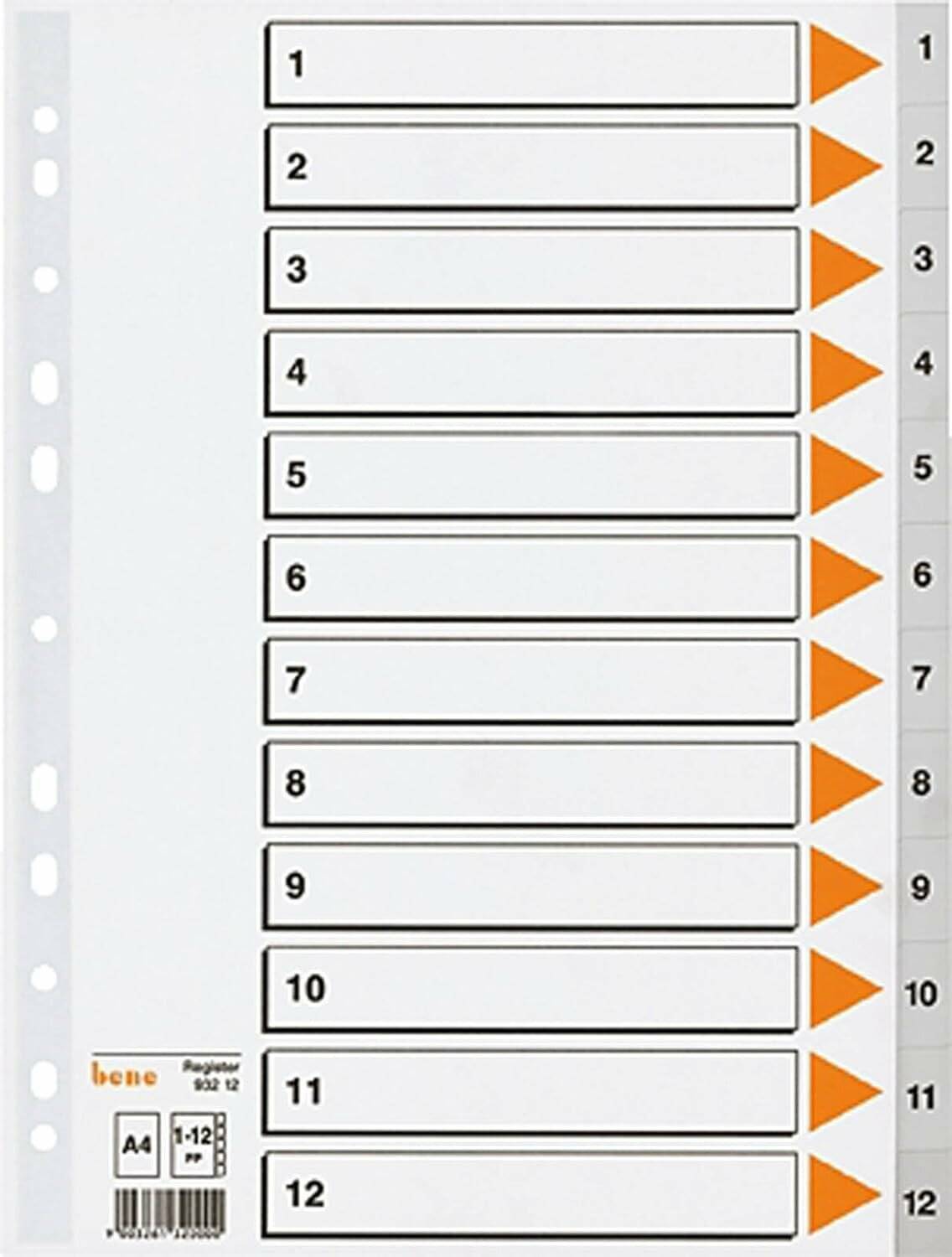 bene Ordnerregister Vollformat 1-12 grau 12-teilig, 1 Satz