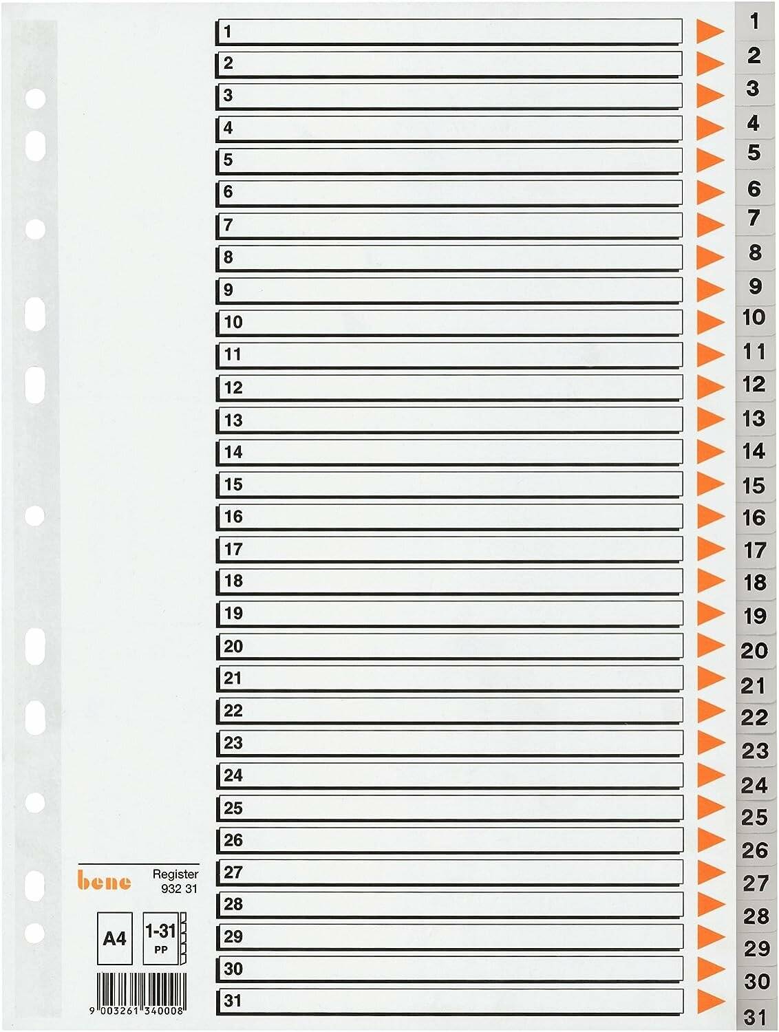 bene Ordnerregister Vollformat 1-31 grau 31-teilig, 1 Satz