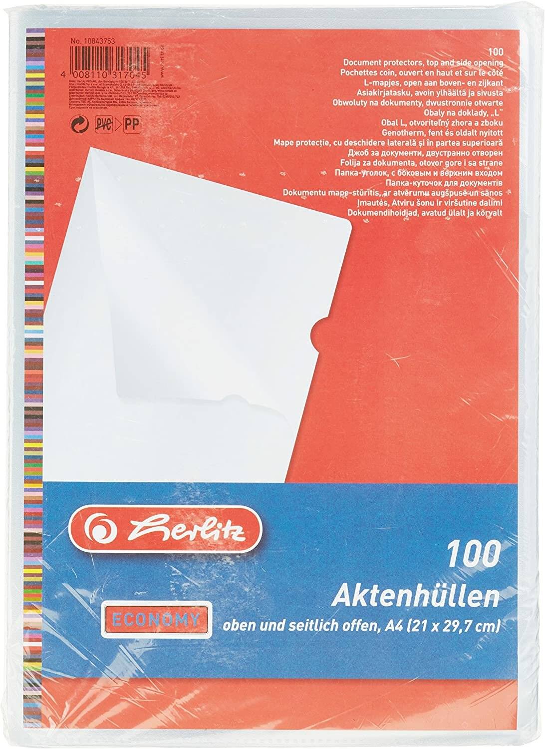 100 herlitz Sichthüllen Economy DIN A4 transparent genarbt 0,09 mm