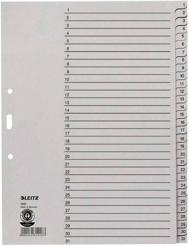 LEITZ Ordnerregister 1231 Vollformat, Überbreite 1-31 grau 31-teilig, 10 Satz