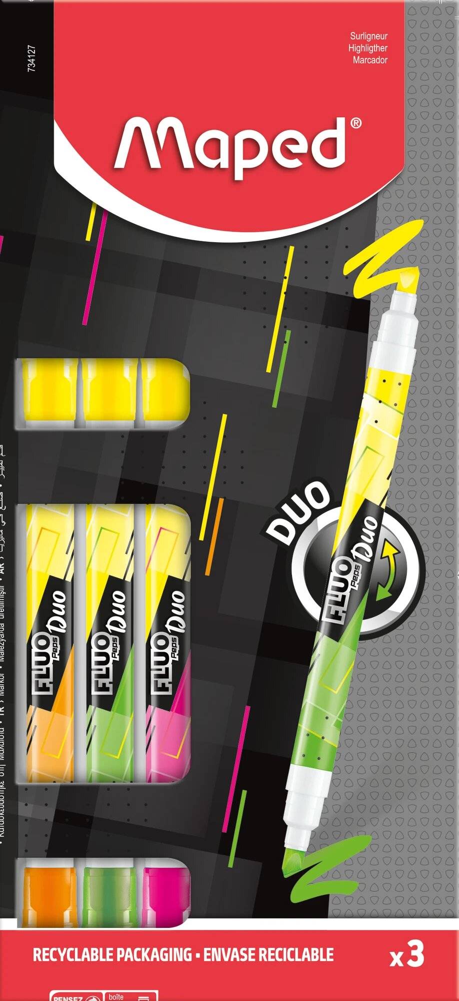 3 maped FLUO DUO Textmarker farbsortiert