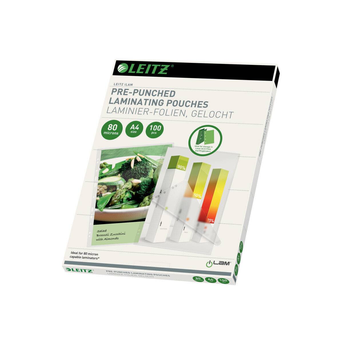 100 LEITZ Laminierfolien glänzend für A4 80 micron Universal-Lochung