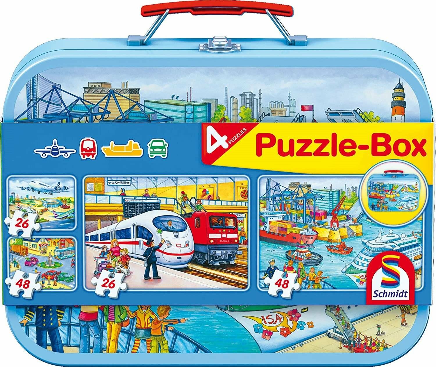 SCHMIDT Puzzle Transport 4in1 im Blechkasten (26,26,48,48 Teile)