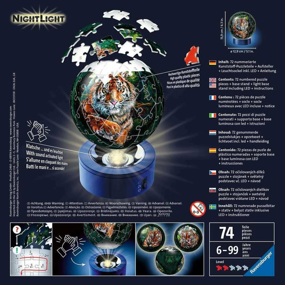 RAVENSBURGER Beleuchteter Tiger Puzzleball 72 Teile
