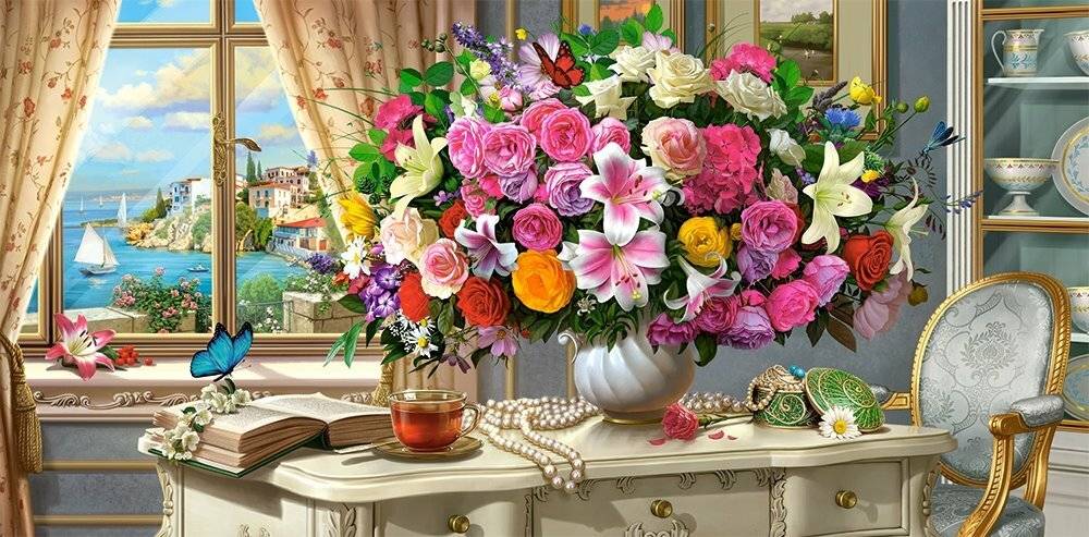CASTORLAND Puzzle Sommerliches Bouquet mit einer Tasse Tee 4000 Teile