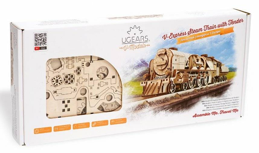 UGEARS 3D-Puzzle V-Express Lokomotive mit Wagen 538 Teile