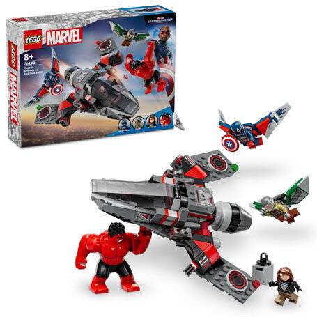 LEGO Marvel Eternals-Set mit einem großen schwarz-roten Raumschiff mit Minifiguren, darunter eine rote Hulk-ähnliche Figur, ein fliegender Held und zwei weitere; Schachtelkunst oben links gezeigt.