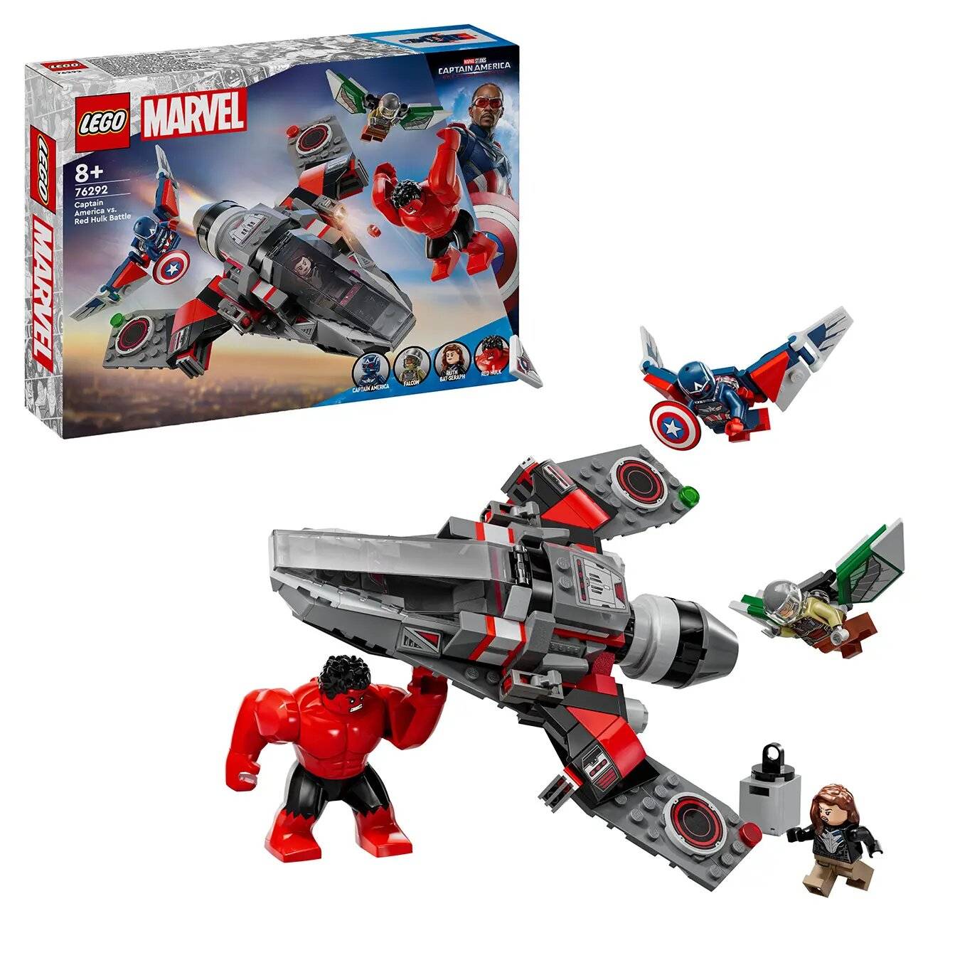 LEGO Marvel Captain America Bauset mit einem grau-roten Jet, Hulk, Captain America, Falcon und Black Widow Minifiguren, gezeigt mit der Schachtel.