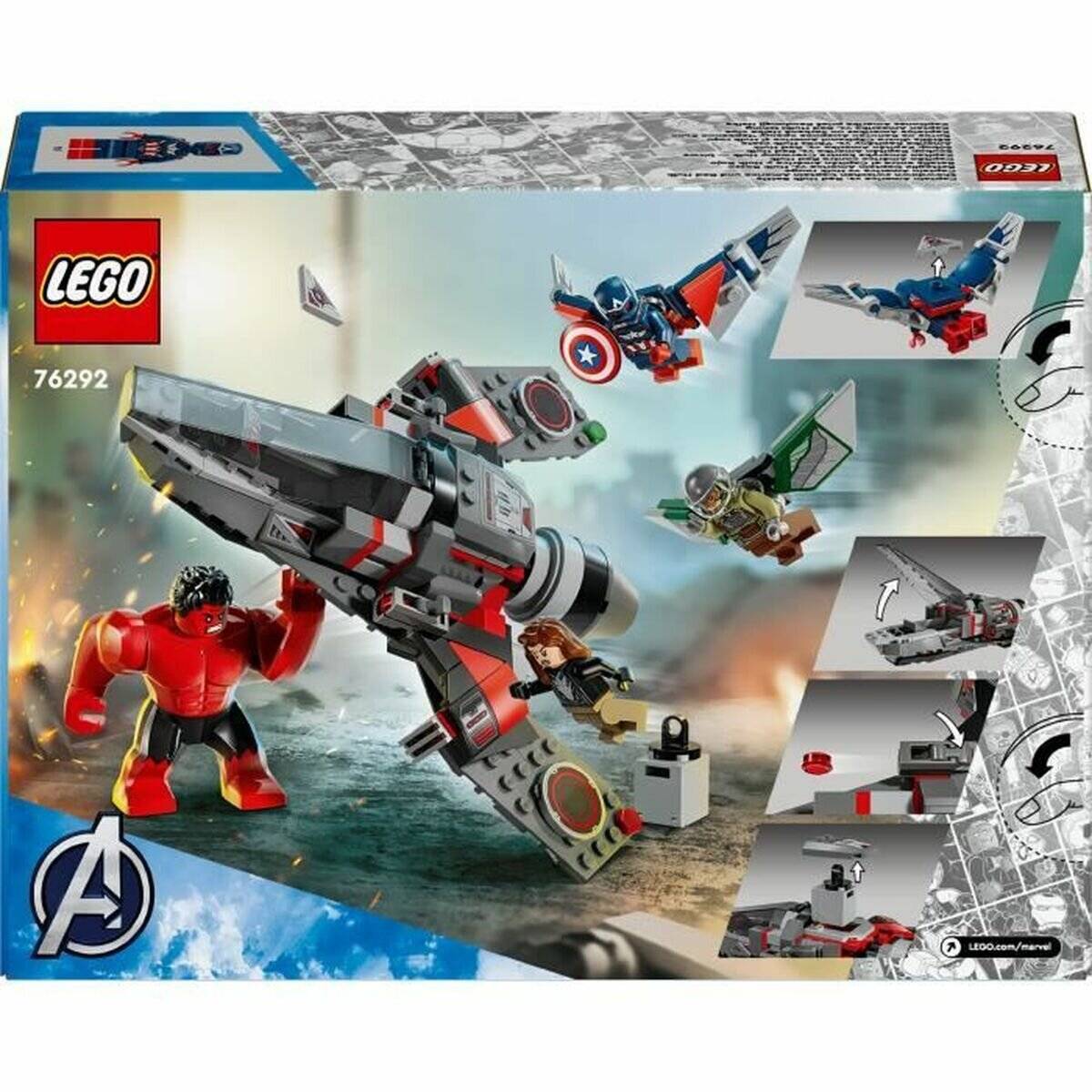 LEGO Avengers Set 76292 Schachtelcover zeigt eine große grau-rote Flugzeugkampfszene mit Captain America, Iron Man und Minifiguren; Seitenpaneele zeigen Umwandlungsschritte.