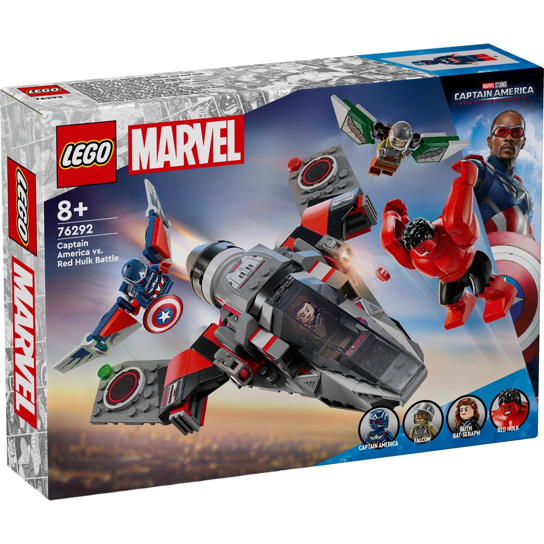 LEGO Marvel Captain America gegen Red Hulk Kampfset-Schachtelbild, das Captain Americas Jet und Red Hulk in einem Luftkampf zeigt; Set 76292, ab 8 Jahren