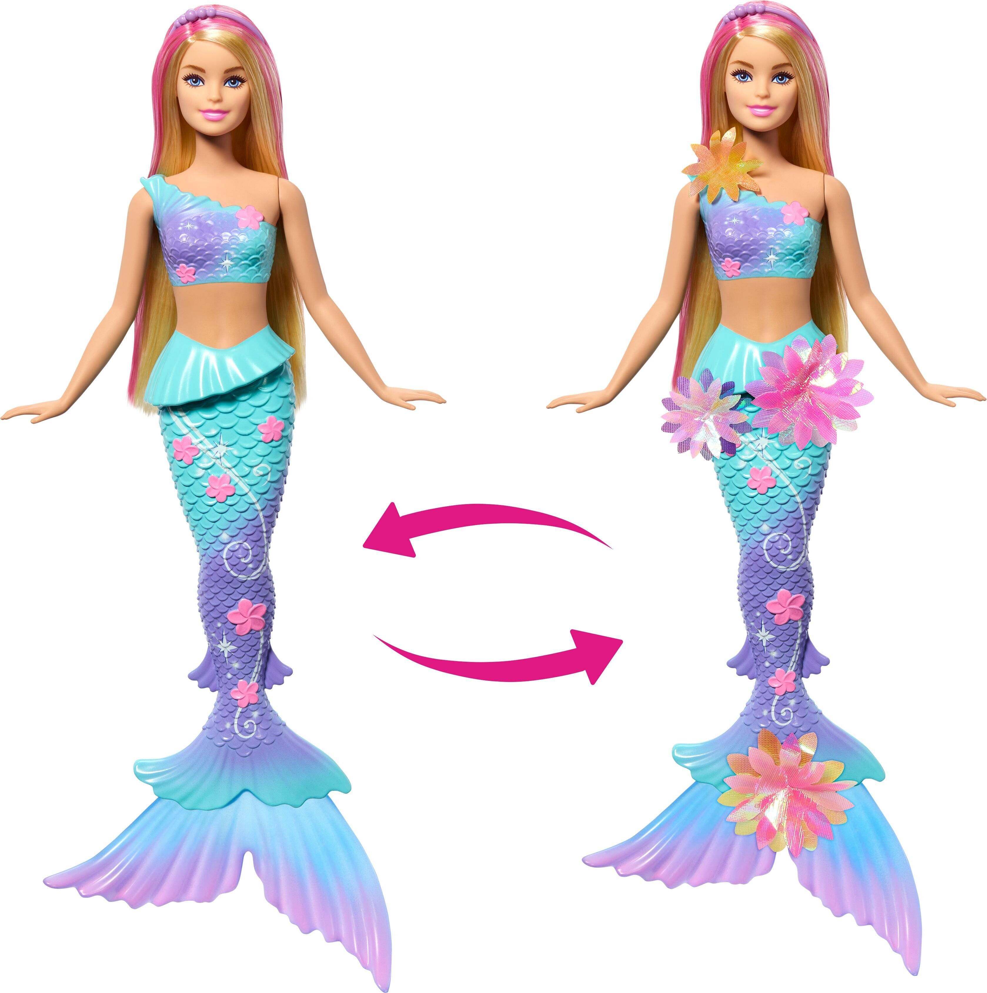 Barbie Flower Magic Meerjungfrauen-Spielzeugpuppe mit magischer Überraschungsblüte und perlenbesetztem Haarreif