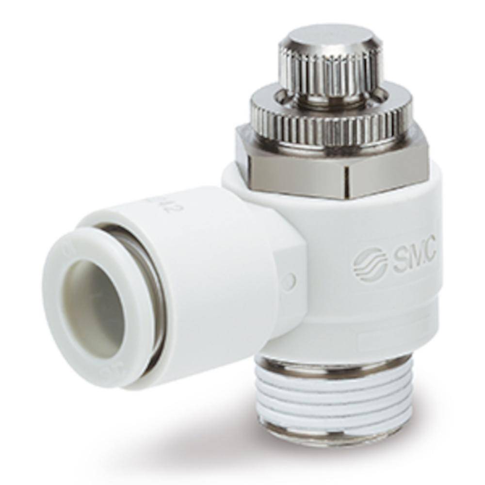 SMC Drosselrückschlagventil AS3201F-03-08S-X242-J - Messing/PBT - max. 10 bar - Schlauch-Außen-Ø 8 mm - Gewinde R 3/8" - mit Metall-Einstellknopf