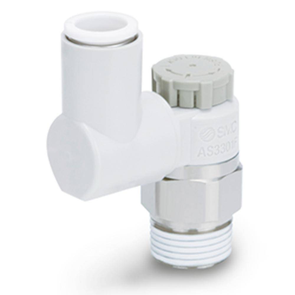 SMC Drosselrückschlagventil AS4301FG-04-12SA - Edelstahl/PBT - max. 10 bar - Schlauch-Außen-Ø 12 mm - Gewinde R 1/2" - mit PTFE-Beschichtung und Dr