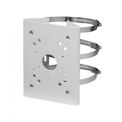 Metallmontagehalter mit durchlöcherter Frontplatte und drei verstellbaren Schlauchschellen auf weißem Hintergrund.