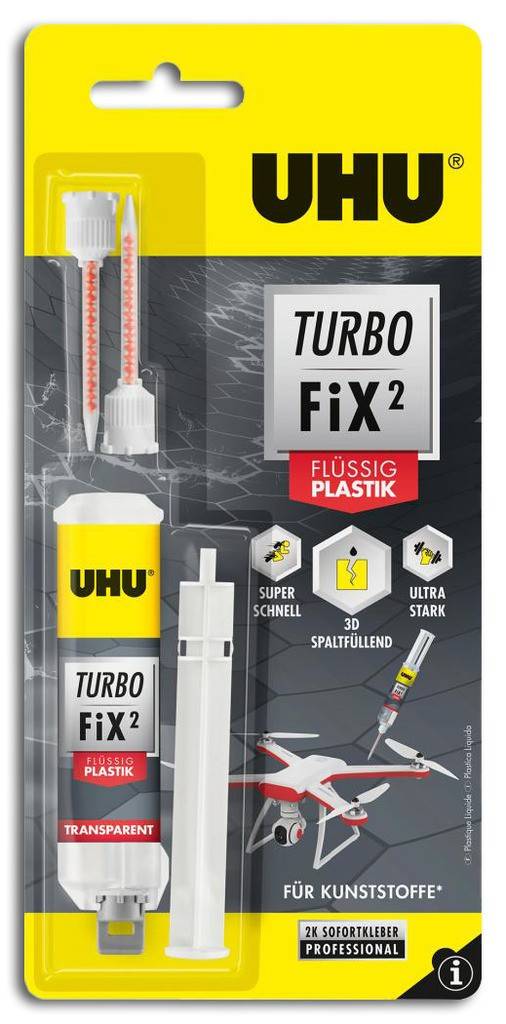 UHU TURBO FIX FLÜSSIG PLASTIKProduktbeschreibung 2-Komponenten-Schnellreparaturklebstoff auf Cyanacrylatbasis Extrem stark, schnell und spaltf