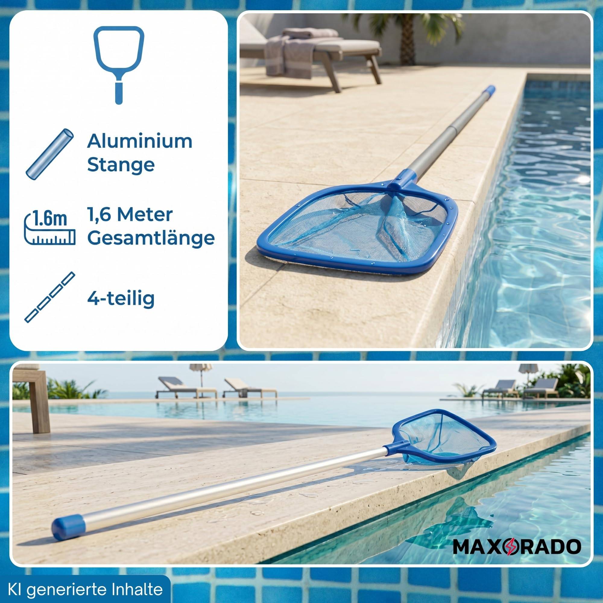 Pool Kescher 1,6m lang mit Stange für Laub Schmutz Algen I Reinigung für Schwimmbecken, Spas, Whirlpool, Stahlrahmen Pools & Co.