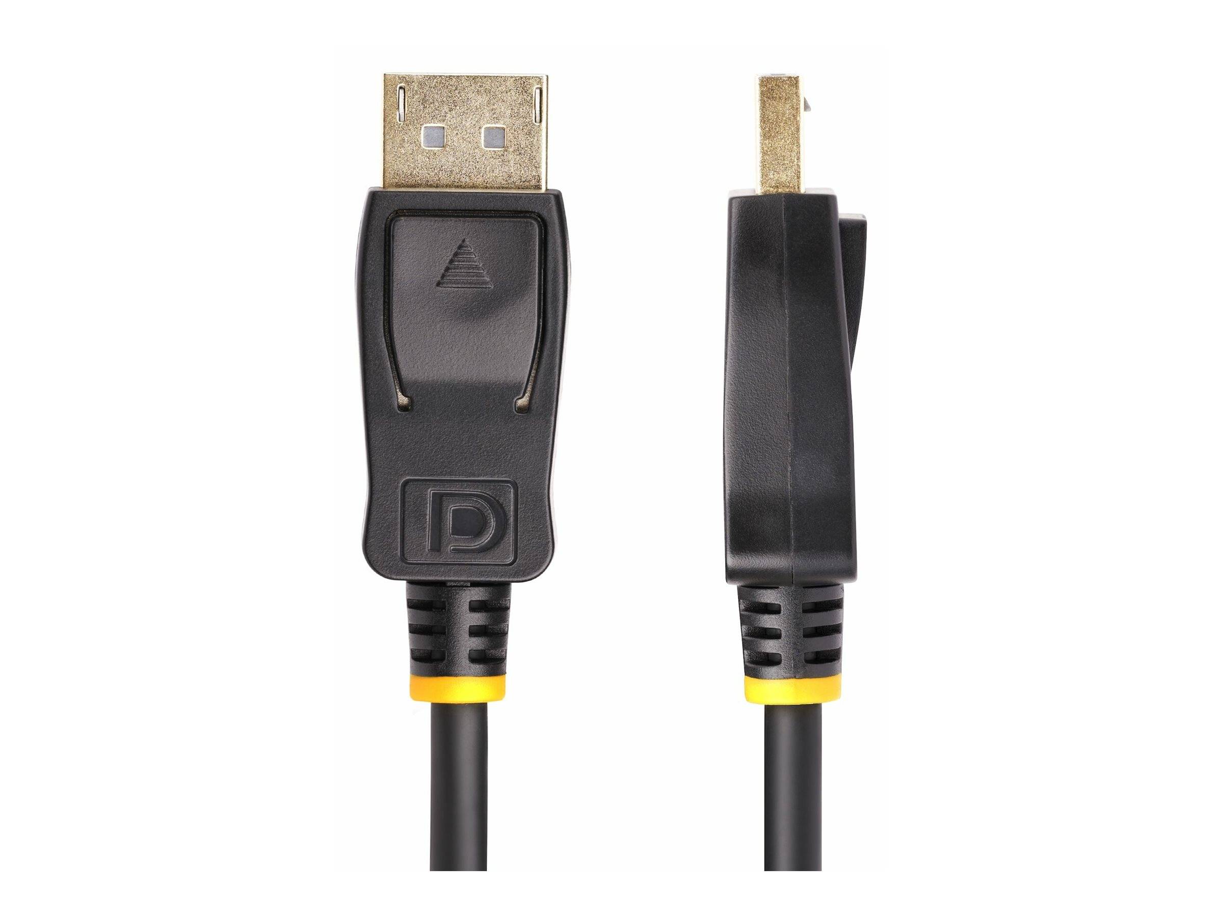 Schwarzes DisplayPort-Kabelstecker von vorne und von der Seite auf weißem Hintergrund dargestellt.