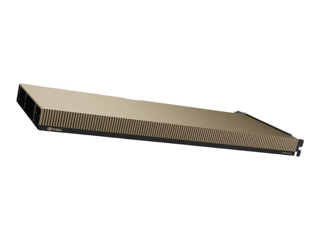 Langes, dünnes beigefarbenes Hardware-Modul auf weißem Hintergrund, mit belüfteter Seite und dunkler Endkappe, ähnelt einer Rack-Mount-Komponente.