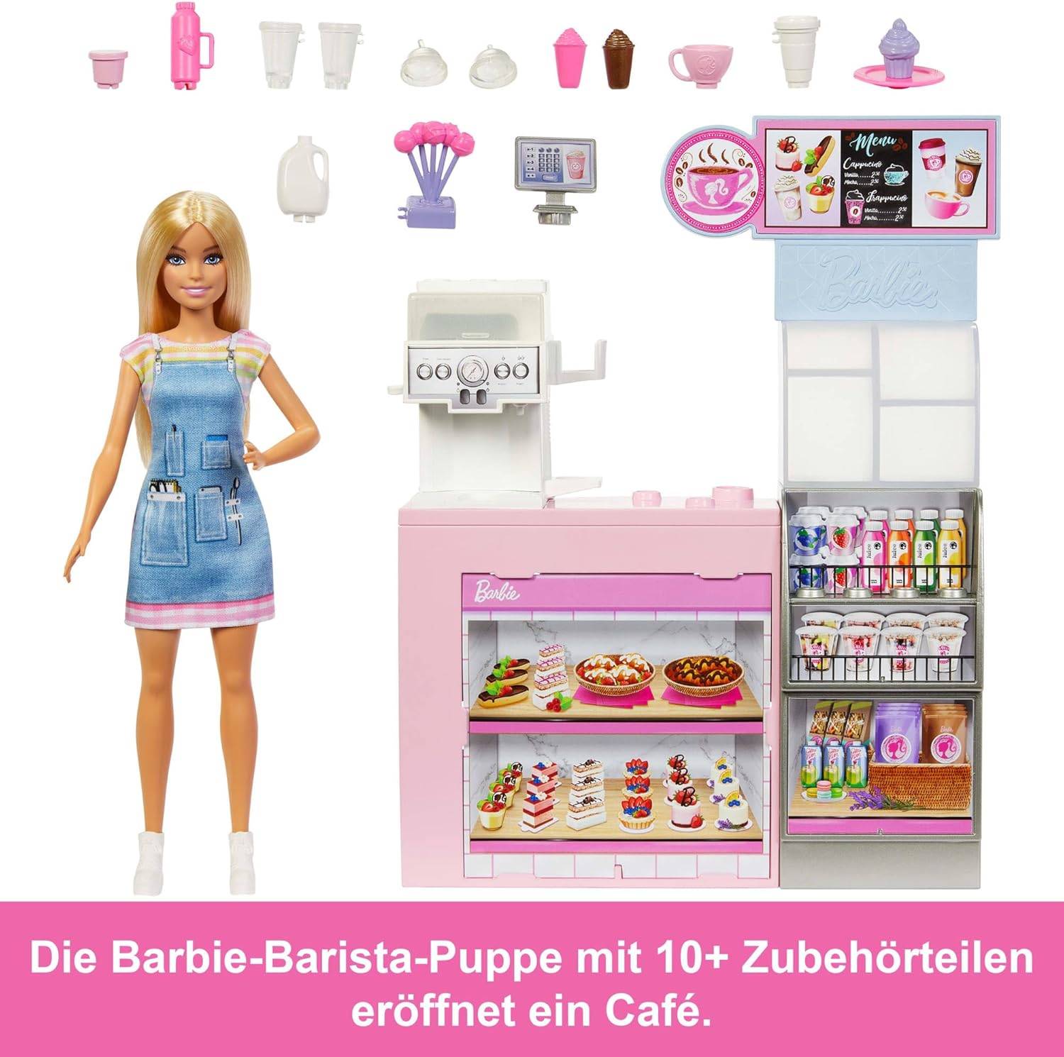 Barbie Naschcafé Spielset Barista Puppe über 12 Zubehörteilen HXN94 ab 3 Jahre