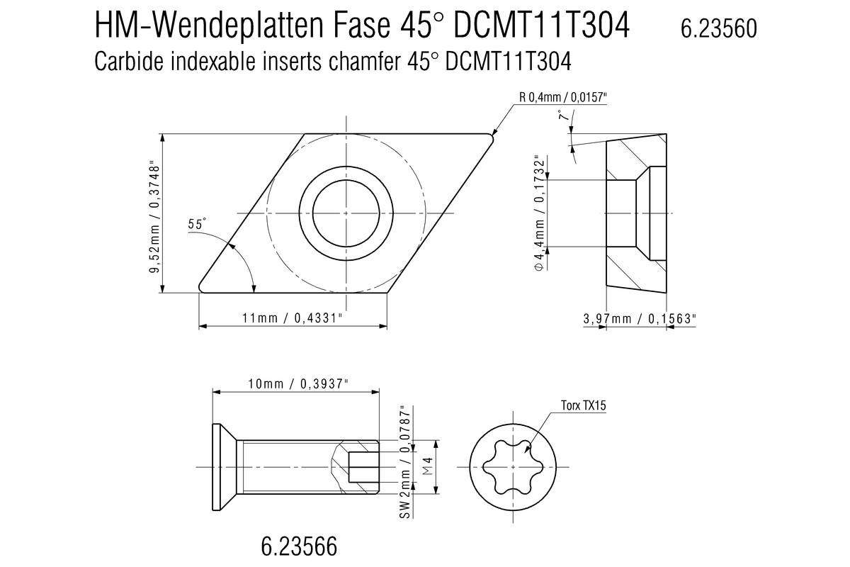 10 HM-Wendeplatten Fase 45°, ISO DCMT 11 T 304 (623560000)