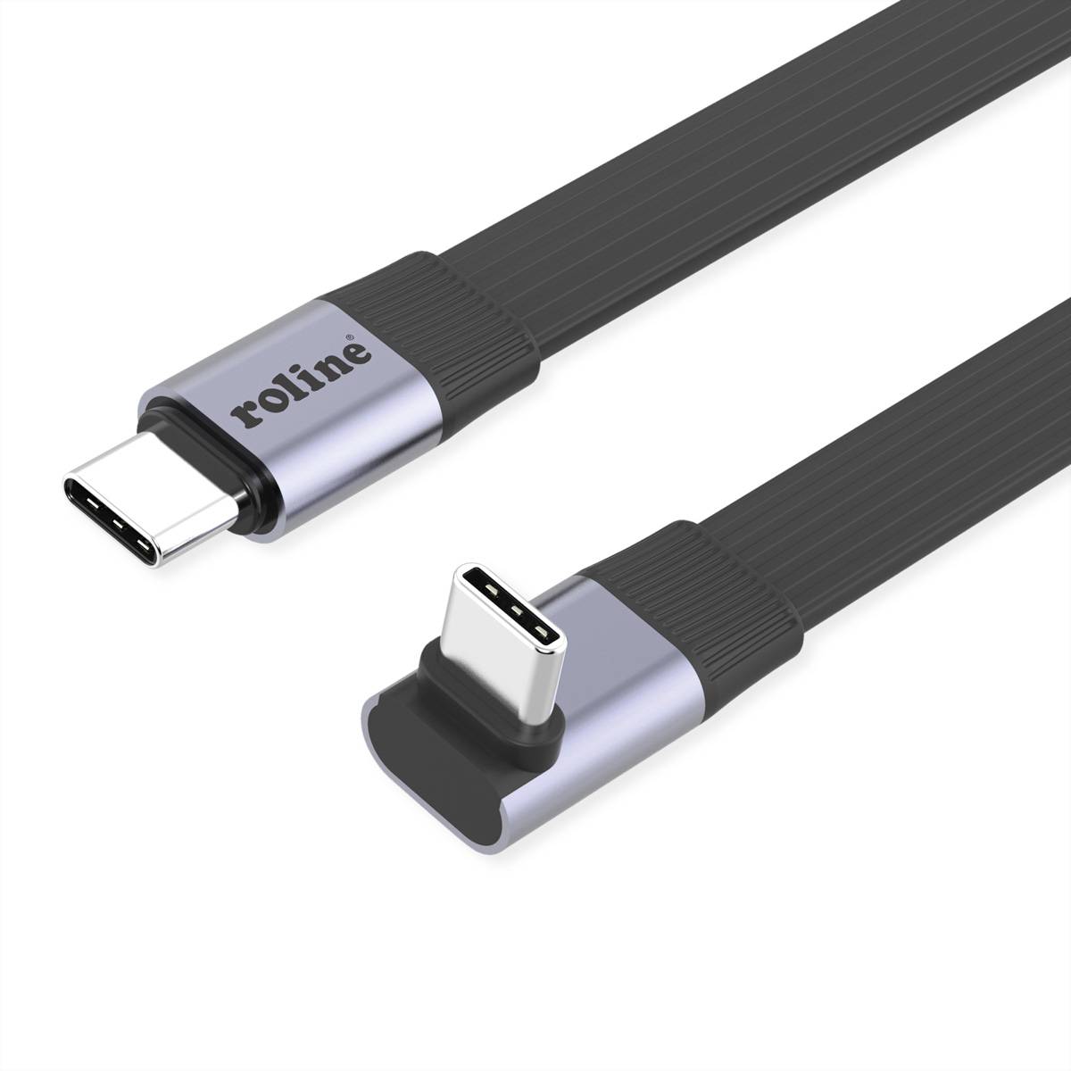 Zwei USB-C-Kabelstecker in Großaufnahme, ein Stecker und eine abgewinkelte Buchse, mit „roline