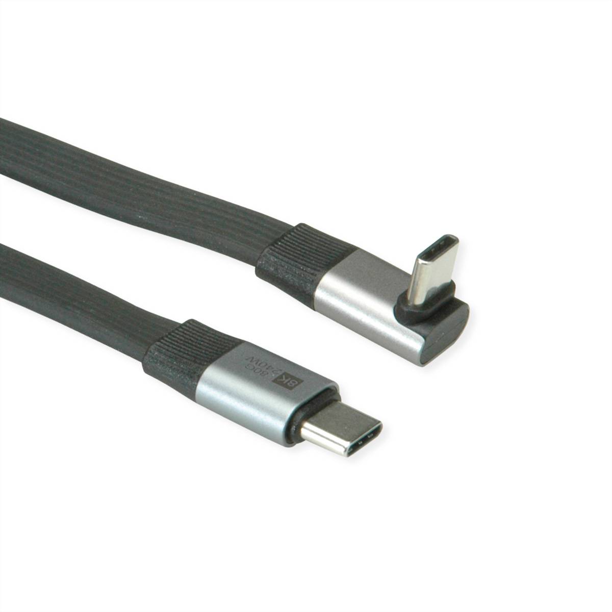Zwei schwarze USB-C-Kabel mit silbernen Steckern, eines mit einem geraden Stecker und das andere mit einem Winkelstecker, auf weißem Hintergrund.