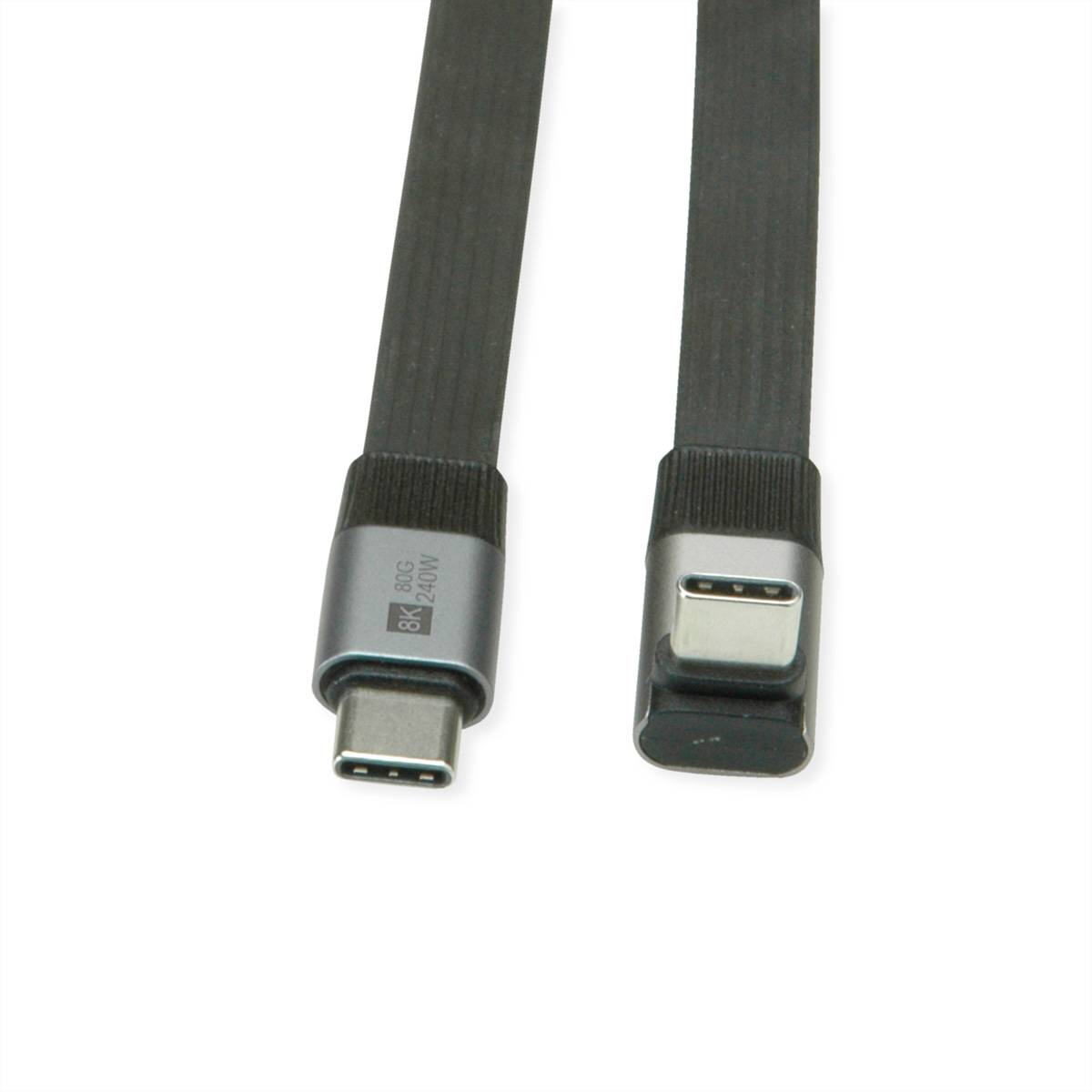 USB-C-Kabel mit einem Standard-Stecker und einem rechtwinkligen Stecker auf weißem Hintergrund.