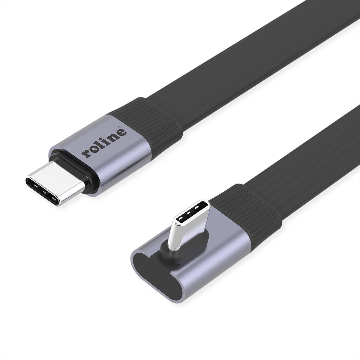 USB-C-Kabel mit einem Standard-USB-C-Stecker und einem abgewinkelten/entspannten USB-C-Anschluss, mit der Marke 