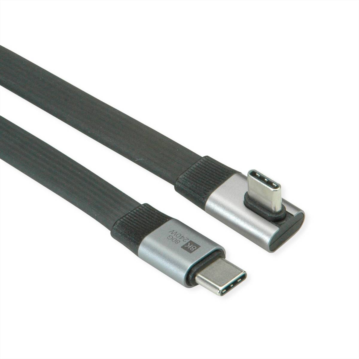 Nahaufnahme eines USB-C-Kabels mit passenden Steckern auf weißem Hintergrund, das beide Enden zum Laden von Geräten oder zur Datenübertragung zeigt.