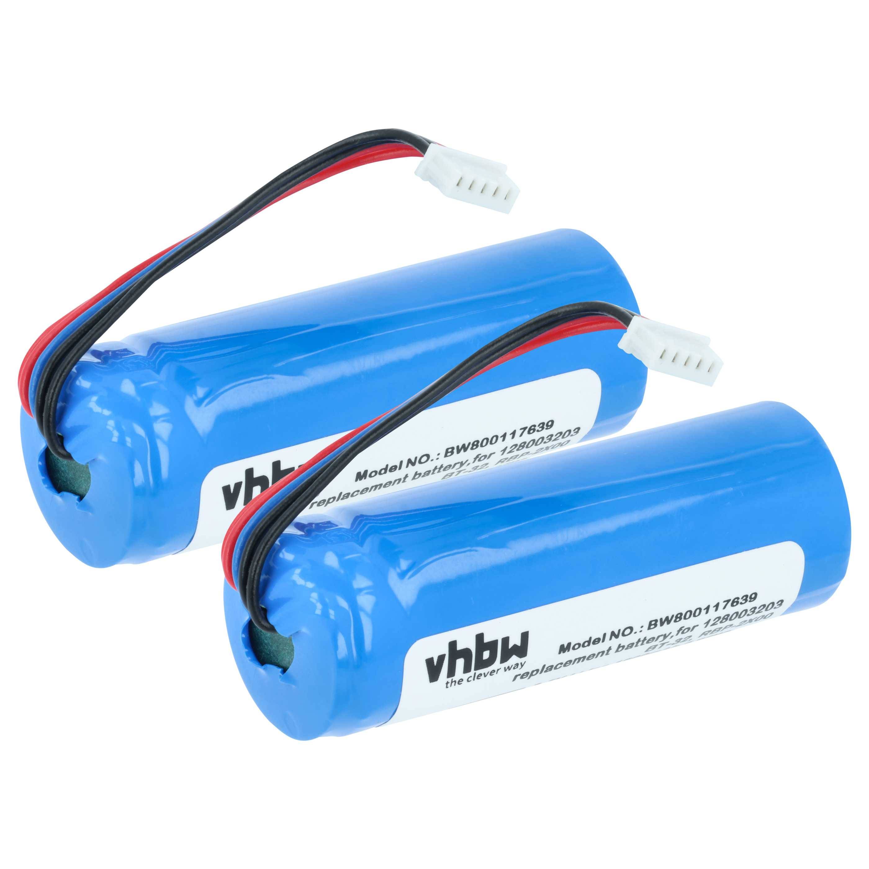 Zwei blaue wiederaufladbare Batteriepacks mit angebrachten roten, schwarzen und weißen Anschllusskabeln auf weißem Hintergrund.