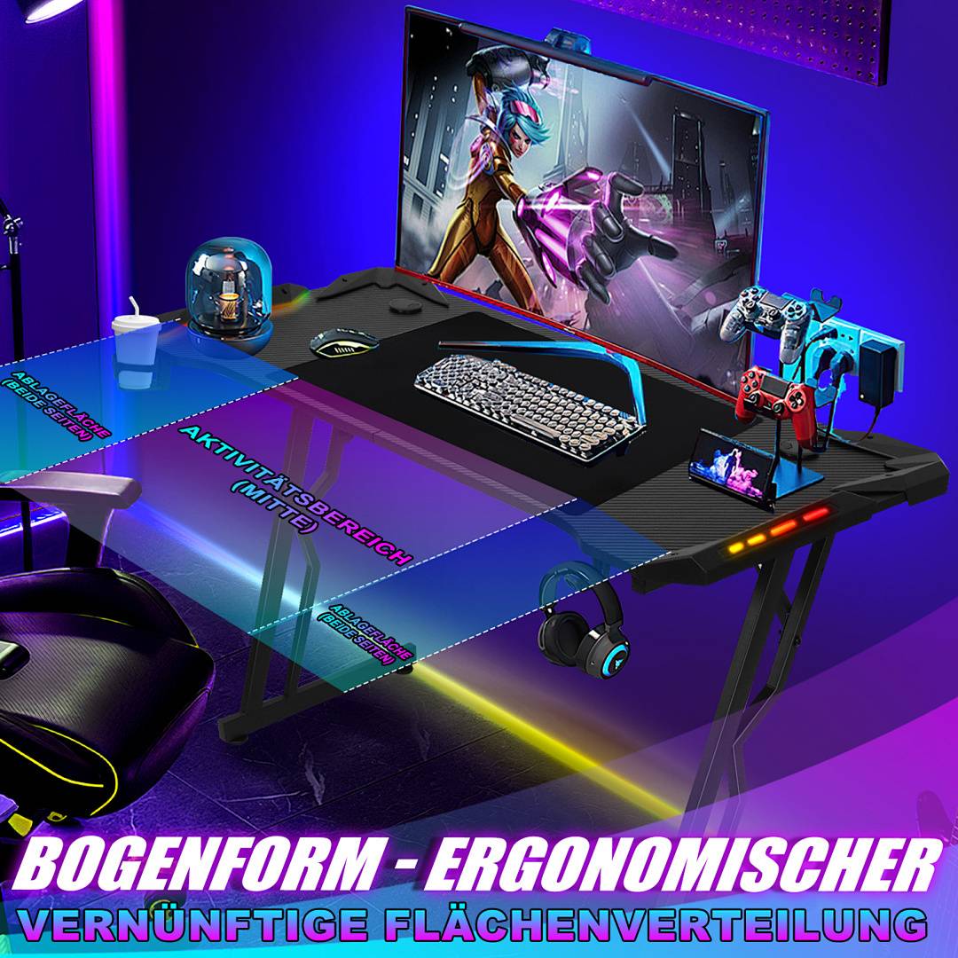 120x60cm LED Gaming Schreibtisch Computertisch mit Desktop LED Gaming Tisch Ergonomisch Ergonomischer Arbeitstisch Z-Form