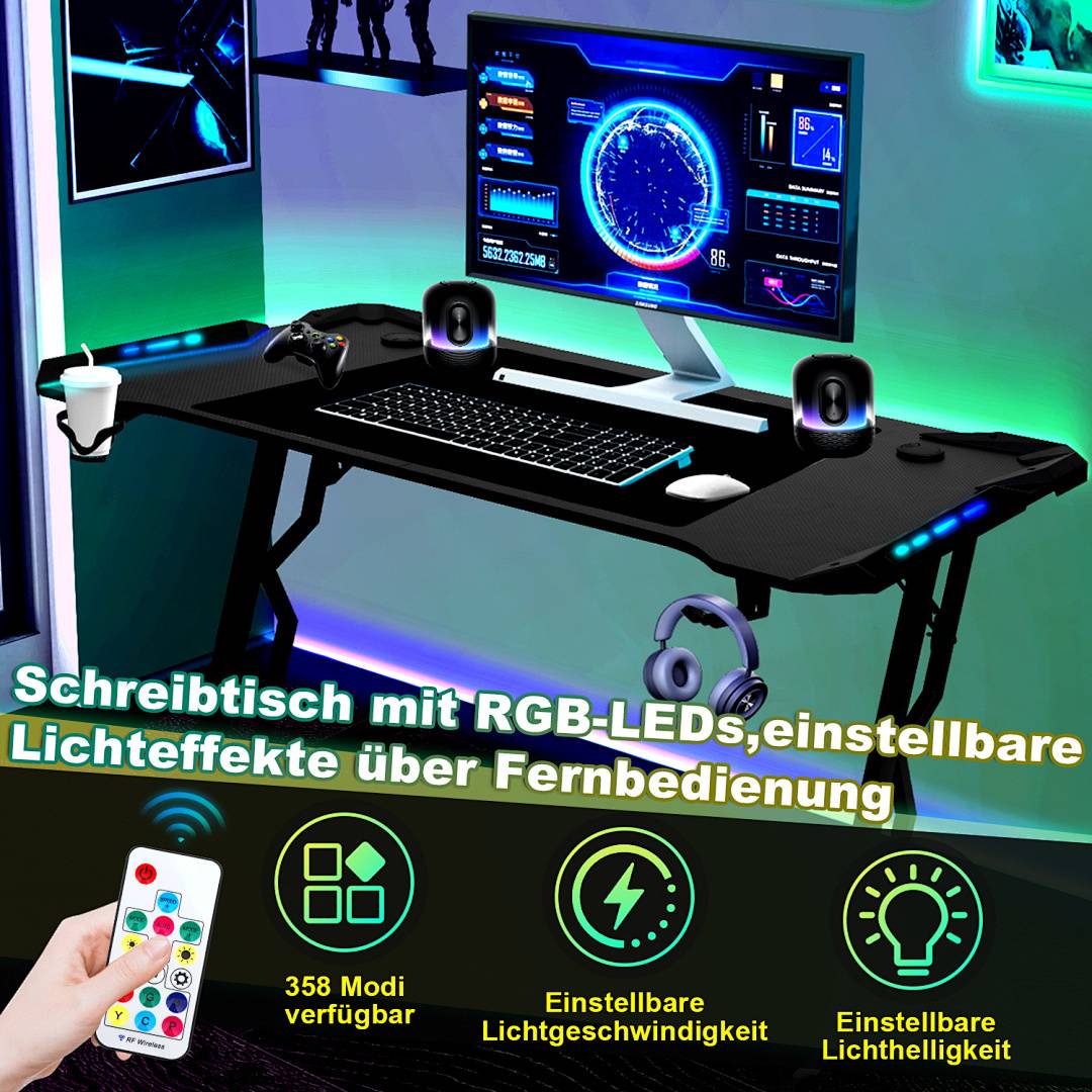 120x60cm LED Gaming Schreibtisch Computertisch mit Desktop LED Gaming Tisch Ergonomisch Ergonomischer Arbeitstisch Z-Form