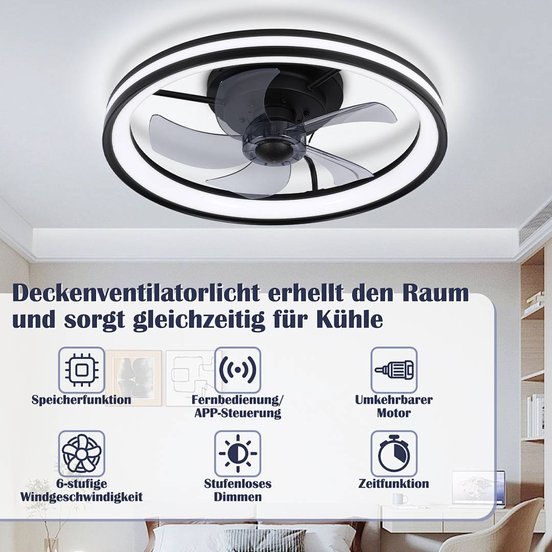 Deckenventilator LED Deckenlampe Ventilator mit Beleuchtung Fernbedienung Schlafzimmer Lüfter mit Fernbedienung Dimmbar