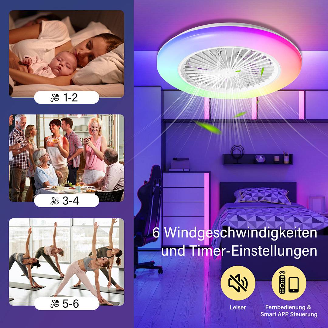 Deckenventilator LED Deckenlampe Ventilator mit Beleuchtung Fernbedienung Schlafzimmer Lüfter mit Fernbedienung Dimmbar