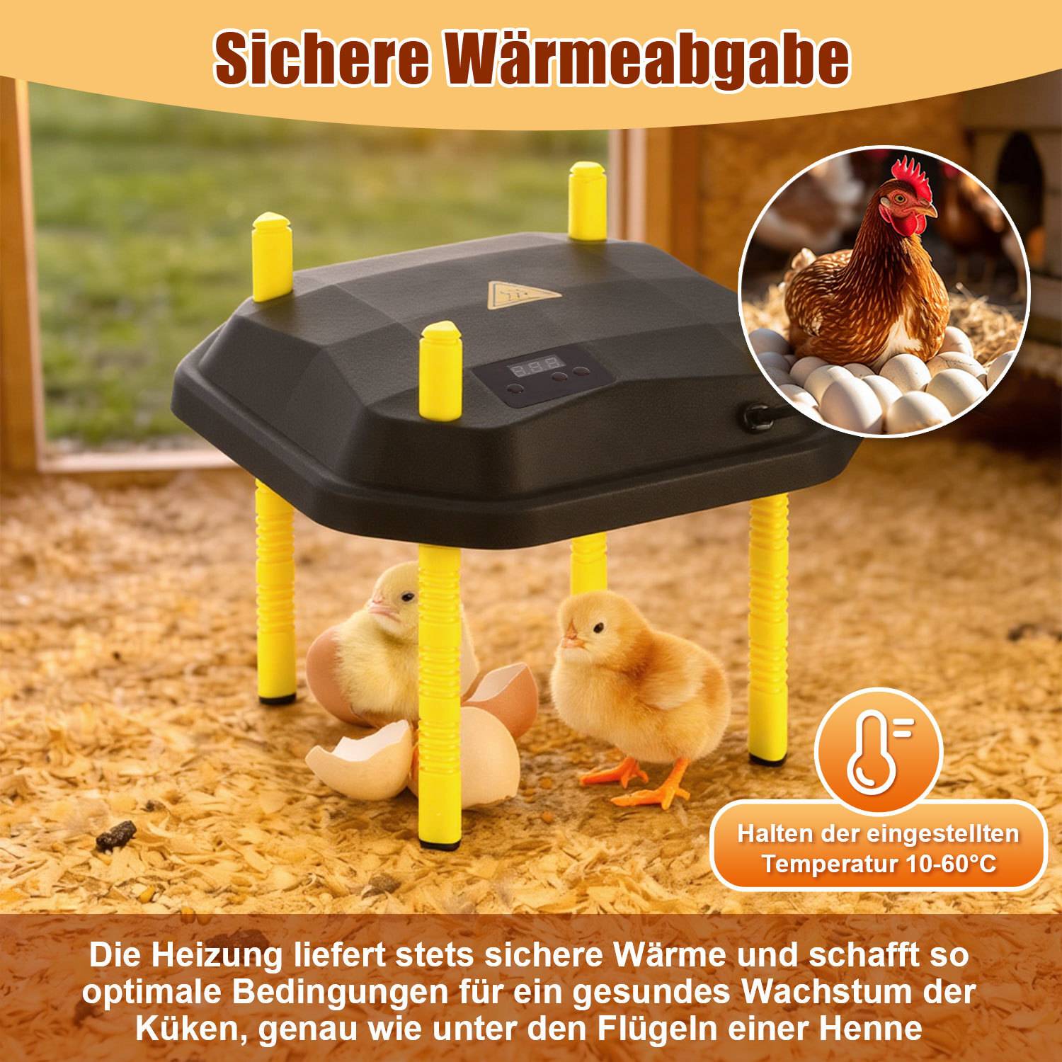 Küken-Wärmeplatte 40x40cm 42W mit Temperaturregler - Schwarz/Gelb für Hühner & Geflügel
