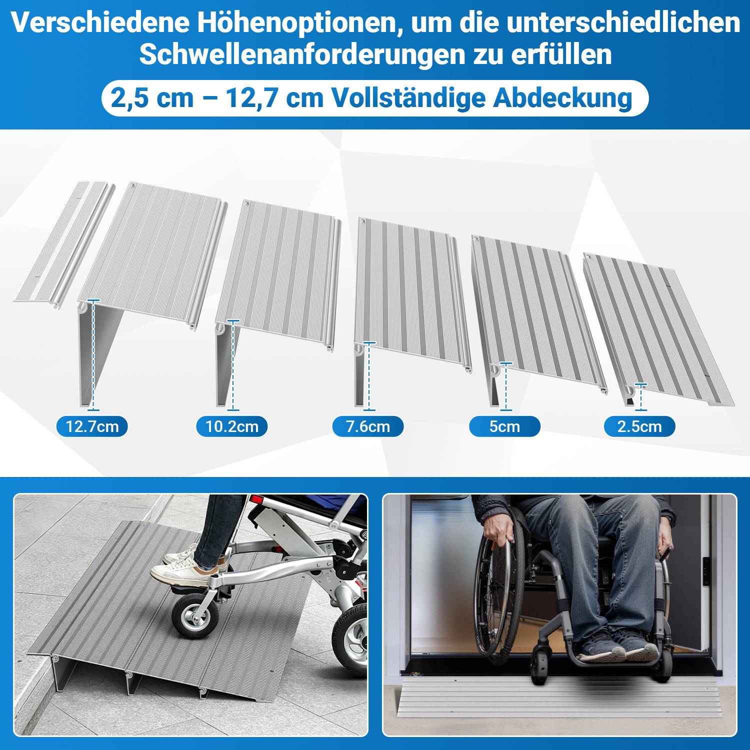Türschwellenrampe, Rollstuhlrampe Aluminium mit verstellbarem Rampendesign & 360 kg Tragkraft, Bordsteinrampe rutschfest für Rollstuhl, Kinderwagen
