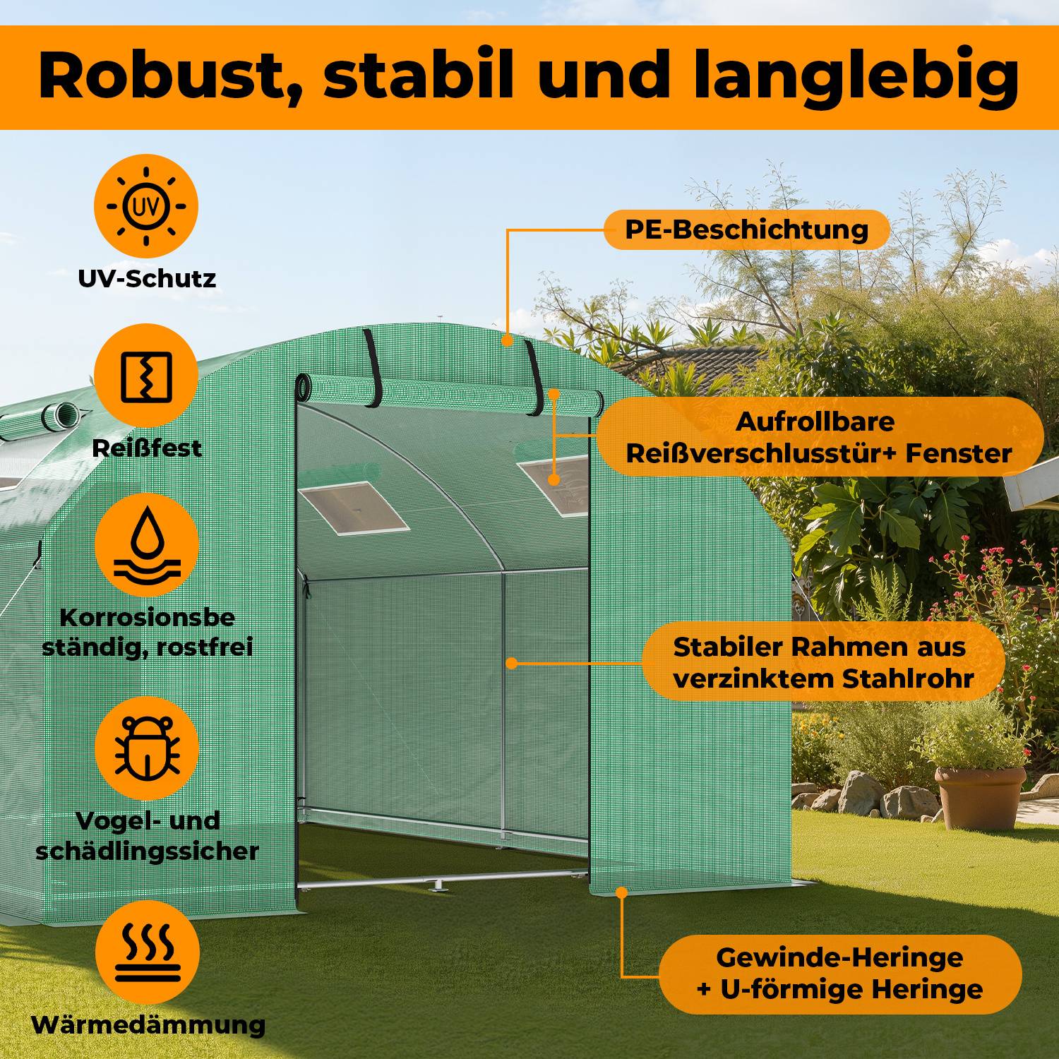 Foliengewächshaus Gewächshaus 3x6m stabil & langlebig mit Fenster - reißfeste PE Plane 140g/m² grün