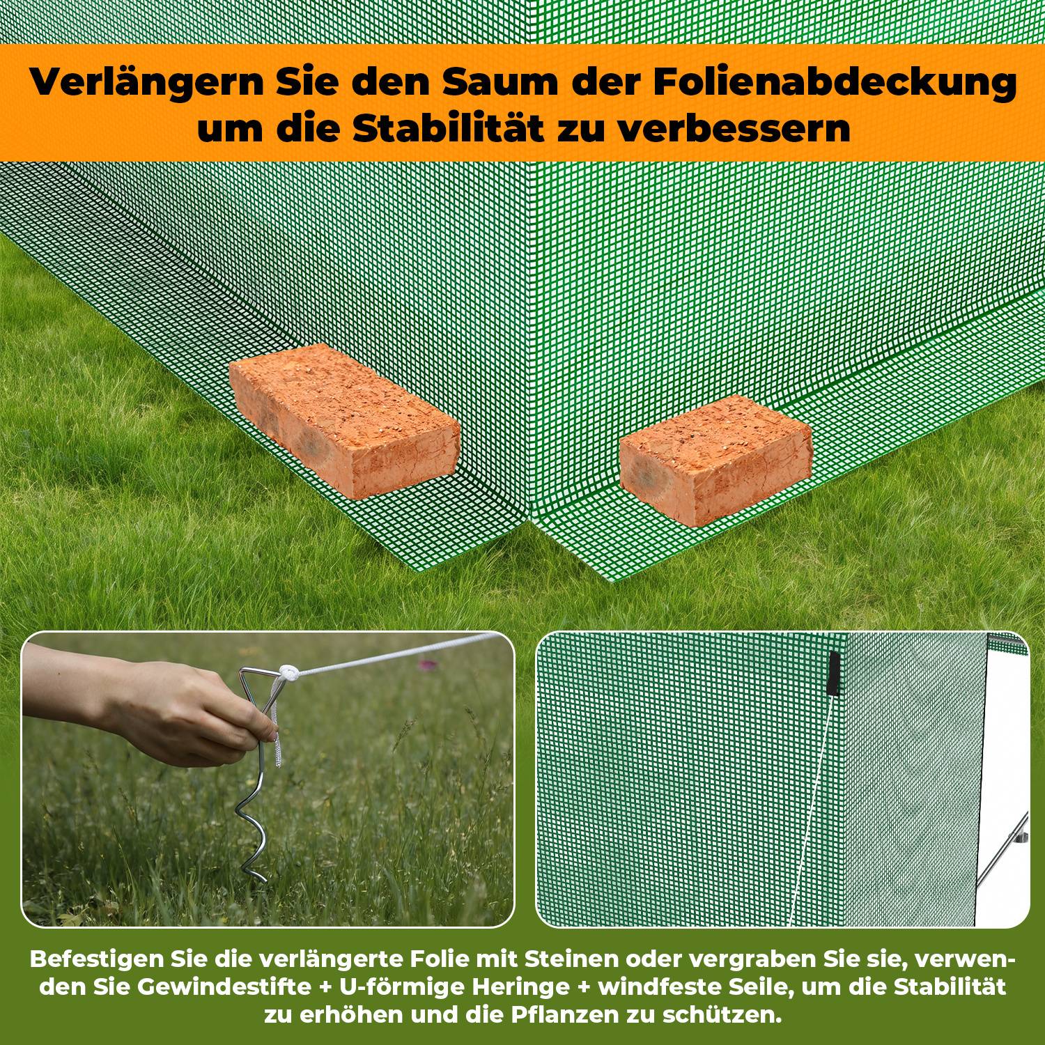 Foliengewächshaus Gewächshaus 3x8m stabil & langlebig mit Fenster - reißfeste PE Plane 140g/m² grün
