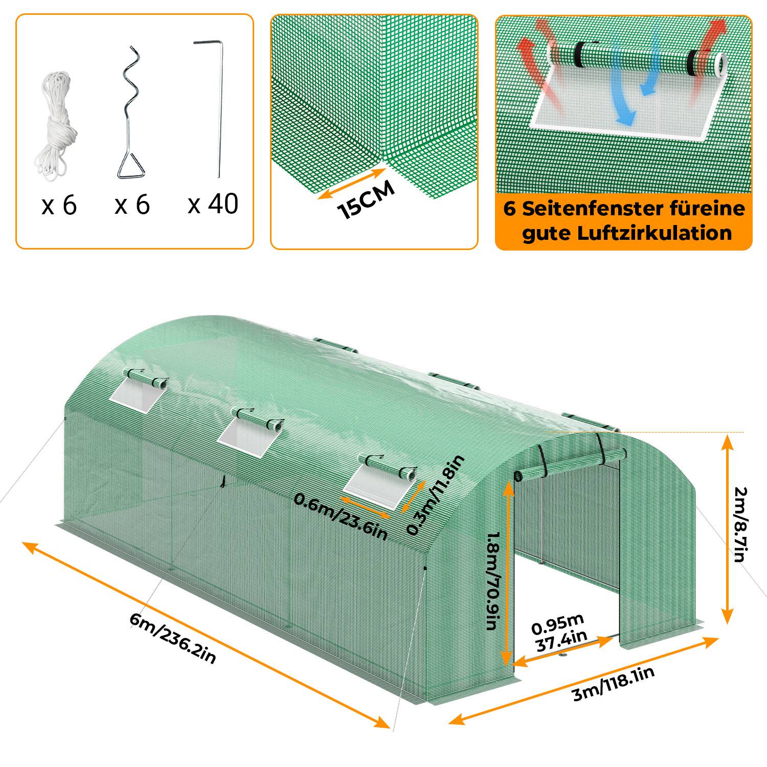 Foliengewächshaus Gewächshaus 3x6m stabil & langlebig mit Fenster - reißfeste PE Plane 140g/m² grün