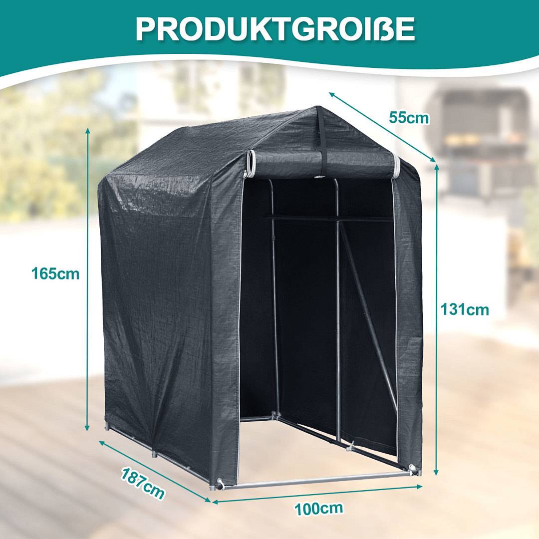 Fahrradgarage Garagenzelt 187x100x165cm, Wasserdichtes Fahrradzelt 160g PE, UV-Schutz Unterstand für 2 Fahrräder, Stahlrahmen Verzinkt, Grau