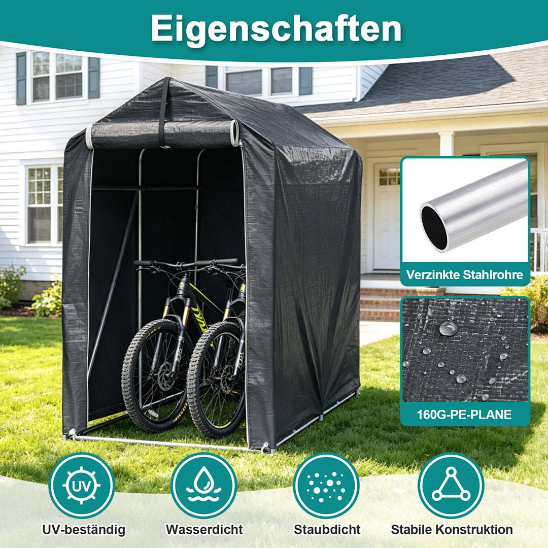Fahrradgarage Garagenzelt 187x100x165cm, Wasserdichtes Fahrradzelt 160g PE, UV-Schutz Unterstand für 2 Fahrräder, Stahlrahmen Verzinkt, Grau