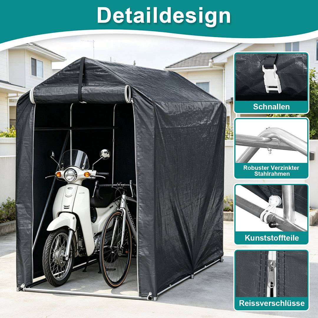 Fahrradgarage Garagenzelt 187x100x165cm, Wasserdichtes Fahrradzelt 160g PE, UV-Schutz Unterstand für 2 Fahrräder, Stahlrahmen Verzinkt, Grau