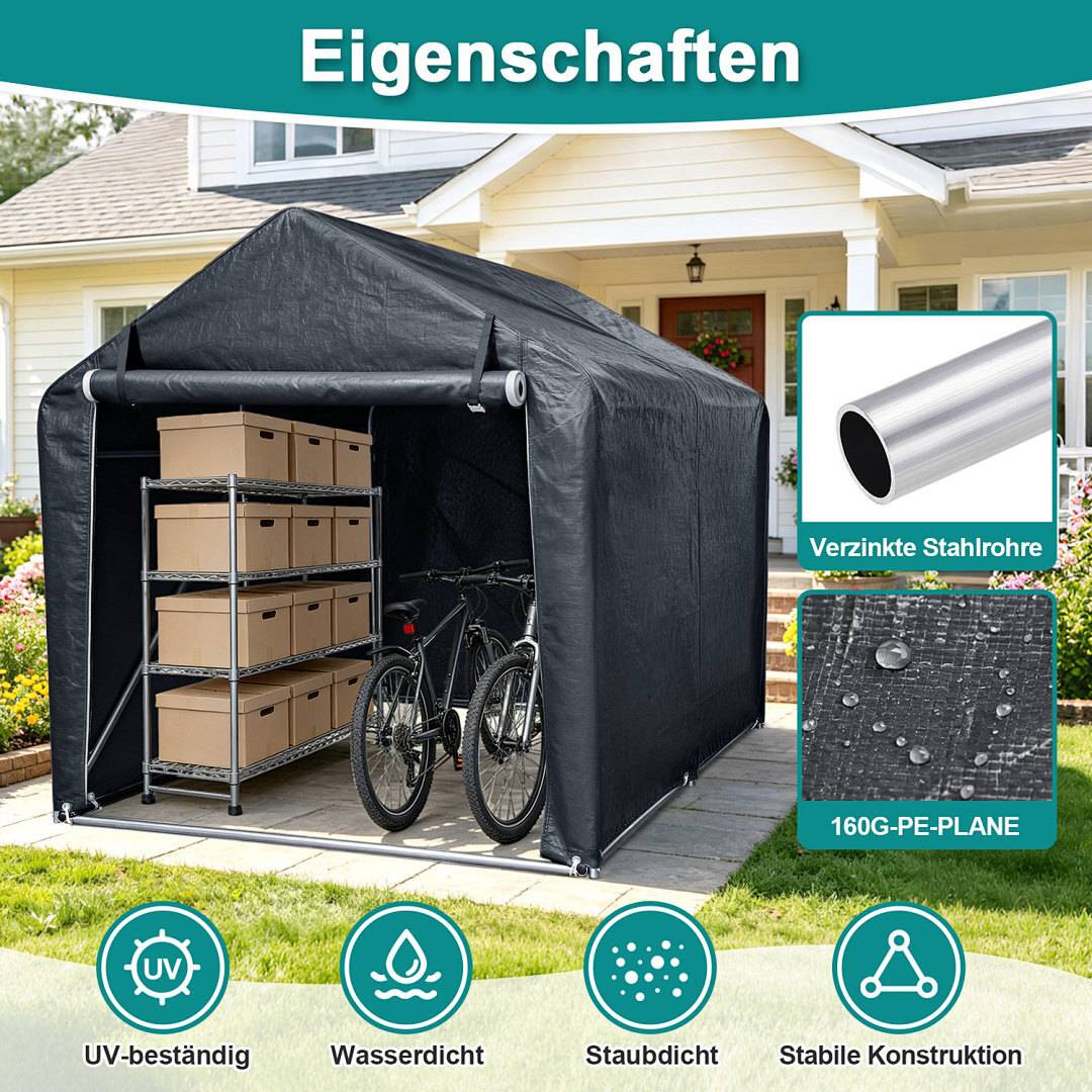 Garagenzelt Groß 218x157x166cm, Mobiles Fahrradzelt Motorradgarage, 160g/m² PE-Gewebe Wasserdicht, Verzinktes Stahlgestell, Gartenhaus Grau