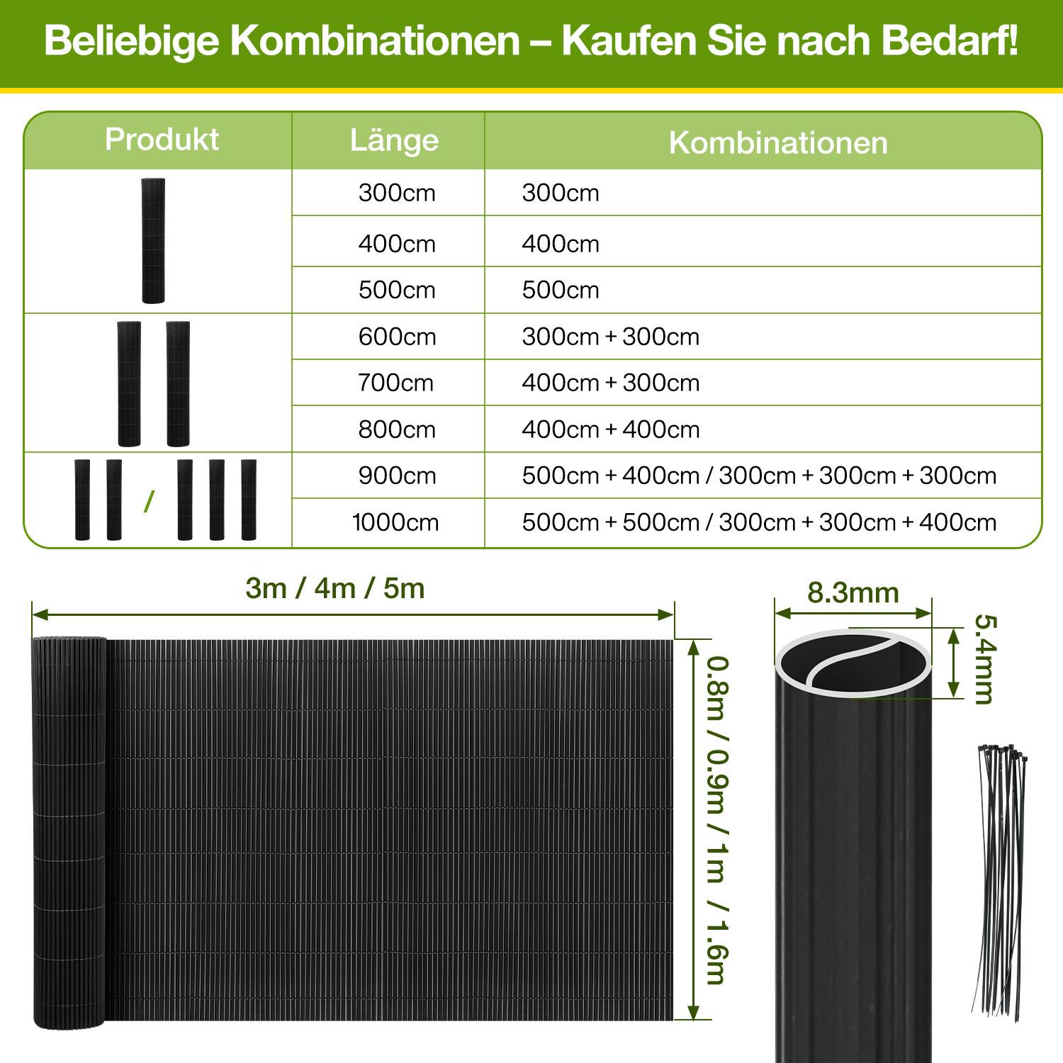 160x1000cm PVC Sichtschutzmatte Bambus Sichtschutz Garten Sichtschutzzaun Balkon Zaun Windschutz Balkonverkleidung Grau