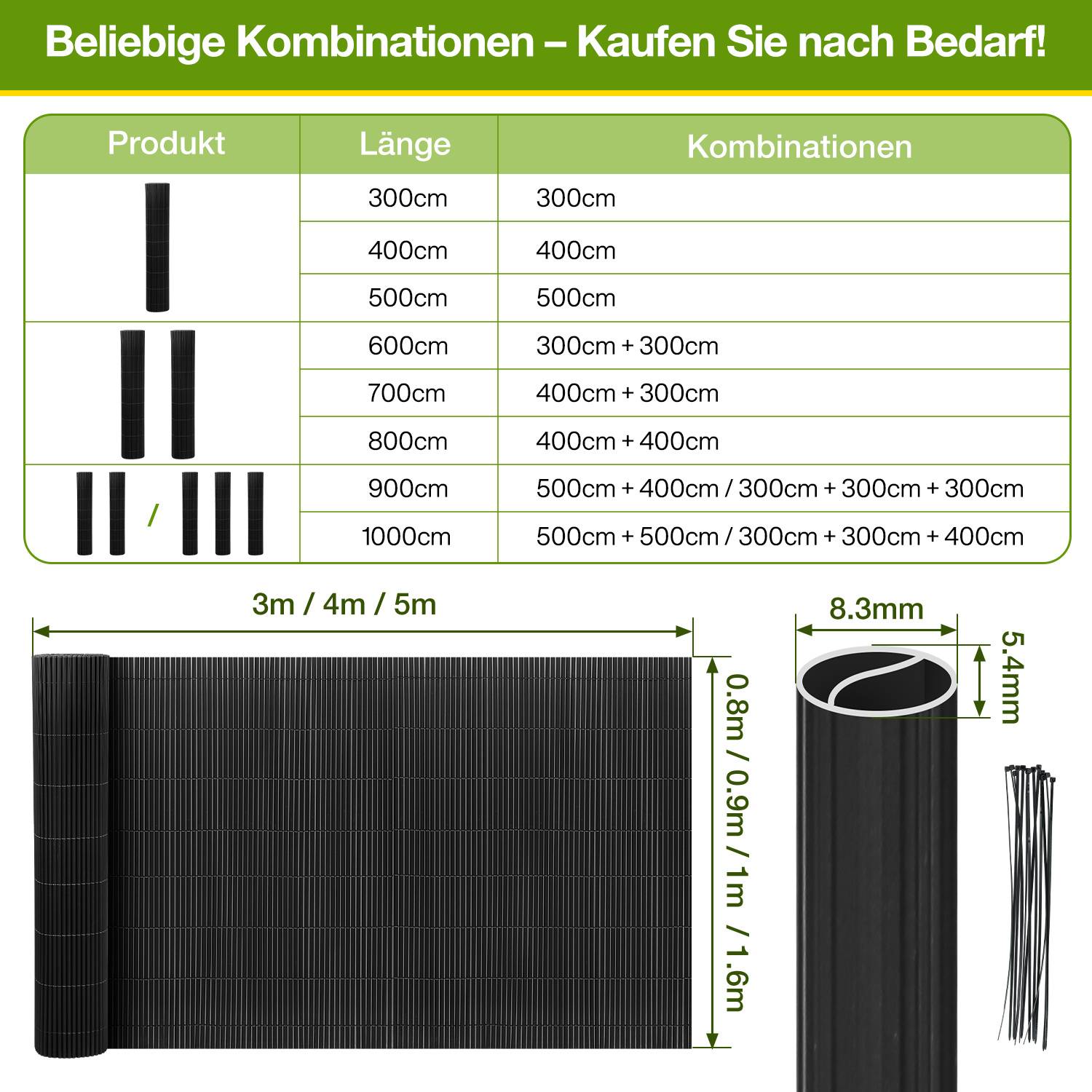80x800cm PVC Sichtschutzmatte Bambus Sichtschutz Garten Sichtschutzzaun Balkon Zaun Windschutz Balkonverkleidung Grau